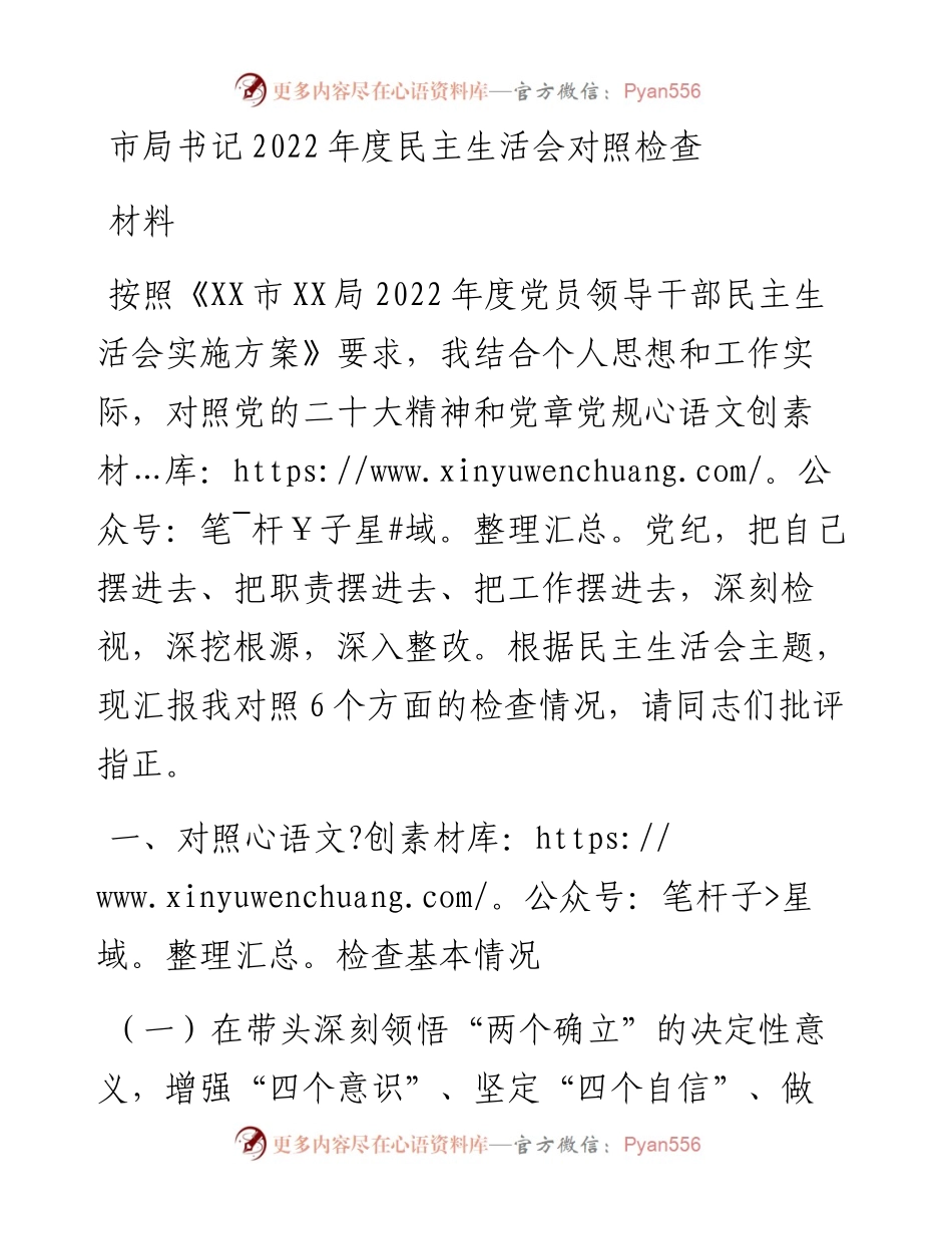 市局书记度民主生活会对照检查材料.docx_第1页