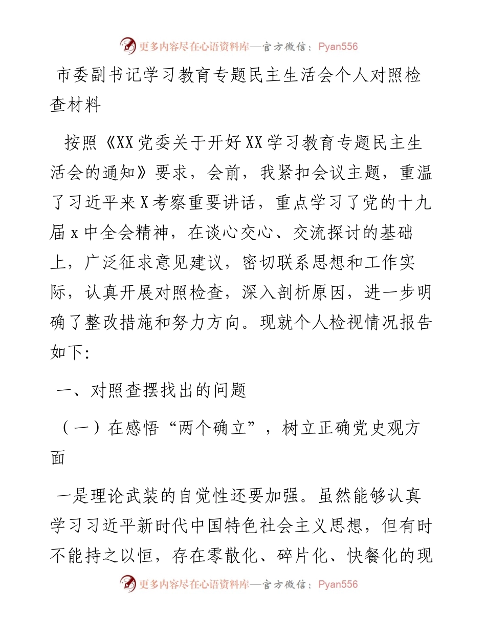 市委副书记学习教育专题民主生活会个人对照检查材料.docx_第1页
