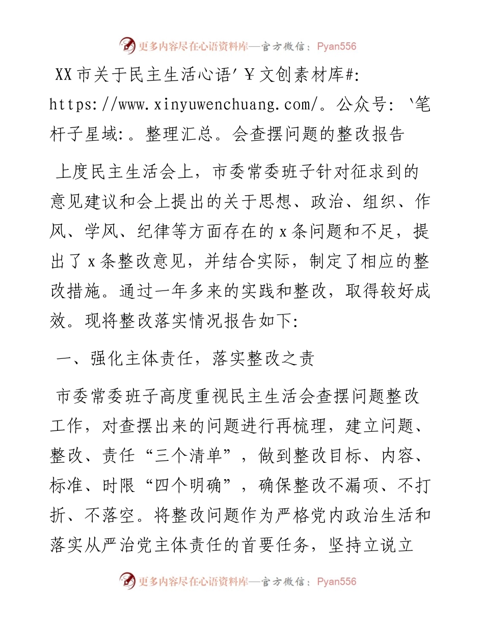 市关于民主生活会查摆问题的整改报告.docx_第1页