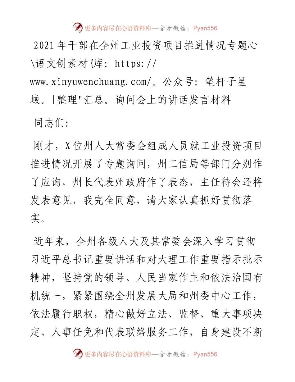干部在全州工业投资项目推进情况专题询问会上的讲话发言材料.docx_第1页