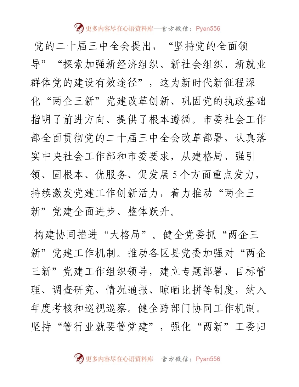 市委社会工作部部长交流发言：坚持党的全面领导 抓实“两企三新”党建 不断增强党在新兴领域号召力凝聚力影响力.docx_第1页