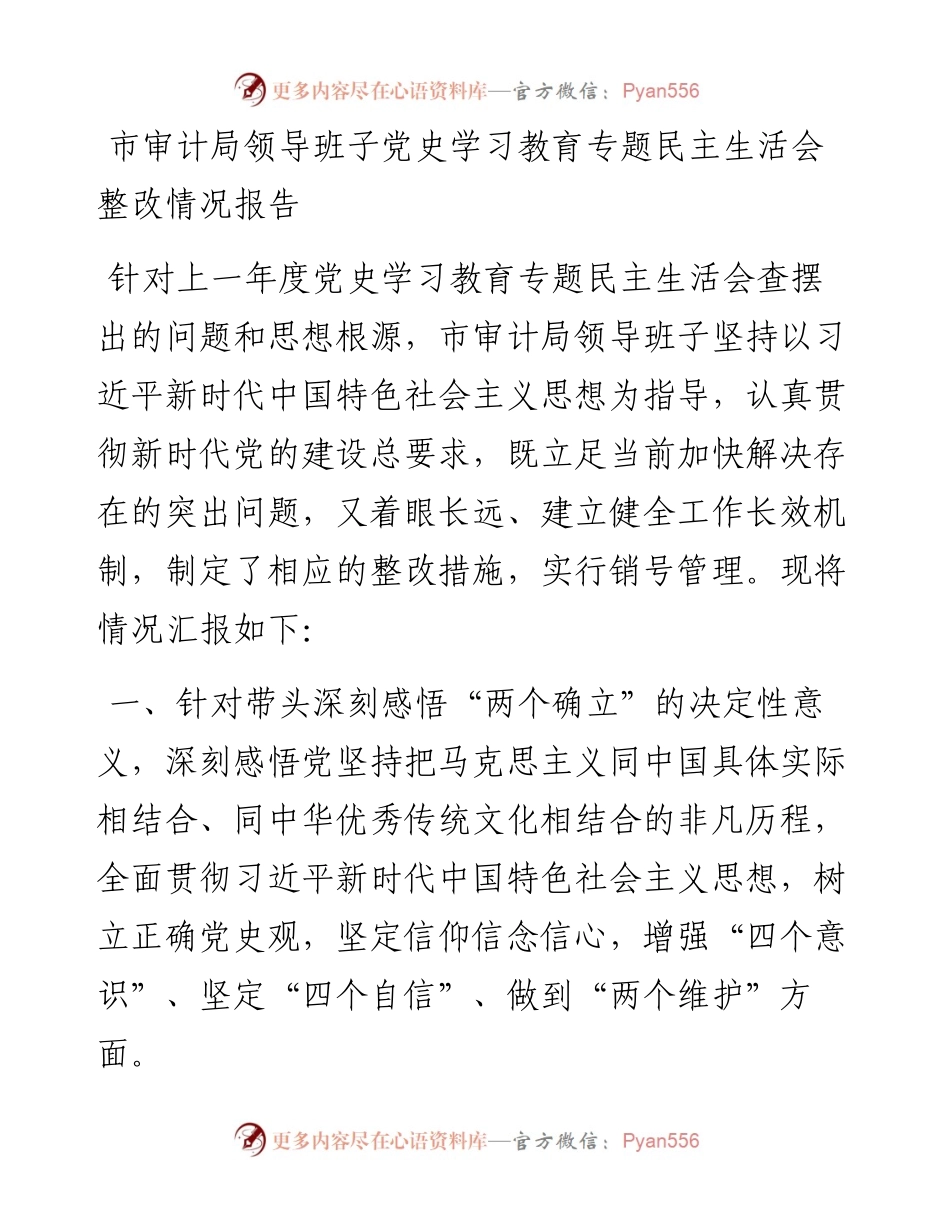 市审计局领导班子党史学习教育专题民主生活会整改情况报告.docx_第1页