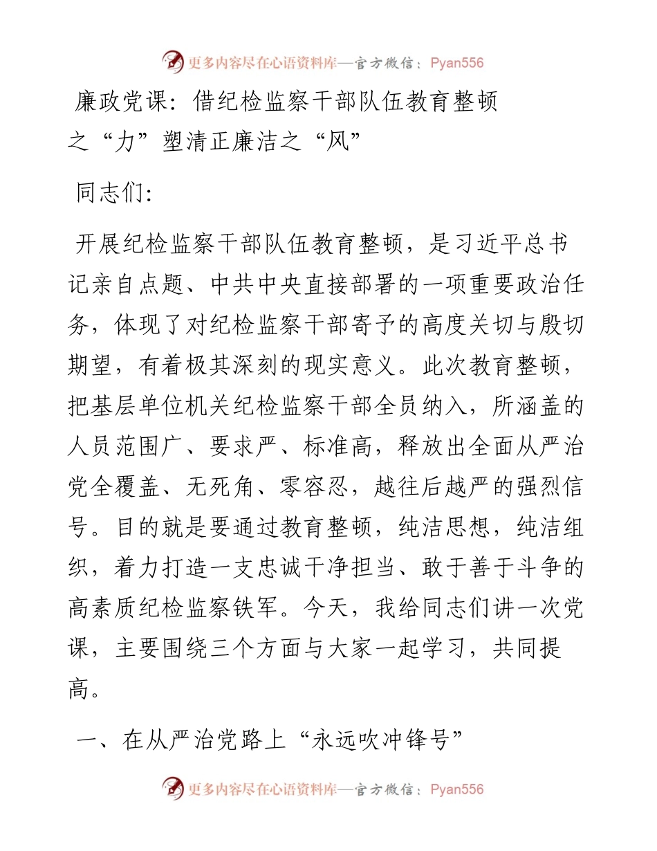 廉政党课：借纪检监察干部队伍教育整顿之“力”塑清正廉洁之“风”.docx_第1页