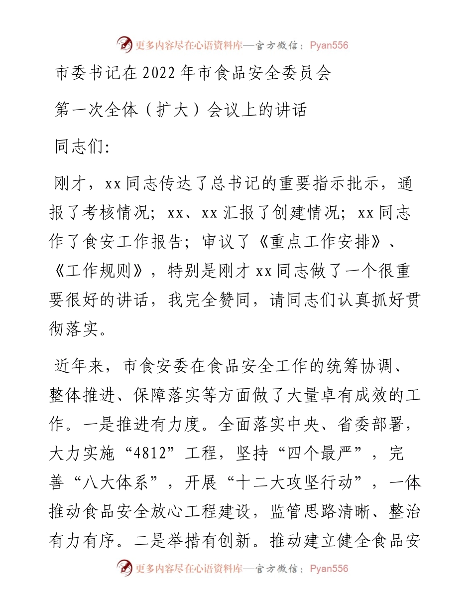 市委书记在市食品安全委员会第一次全体（扩大）会议上的讲话(1).docx_第1页