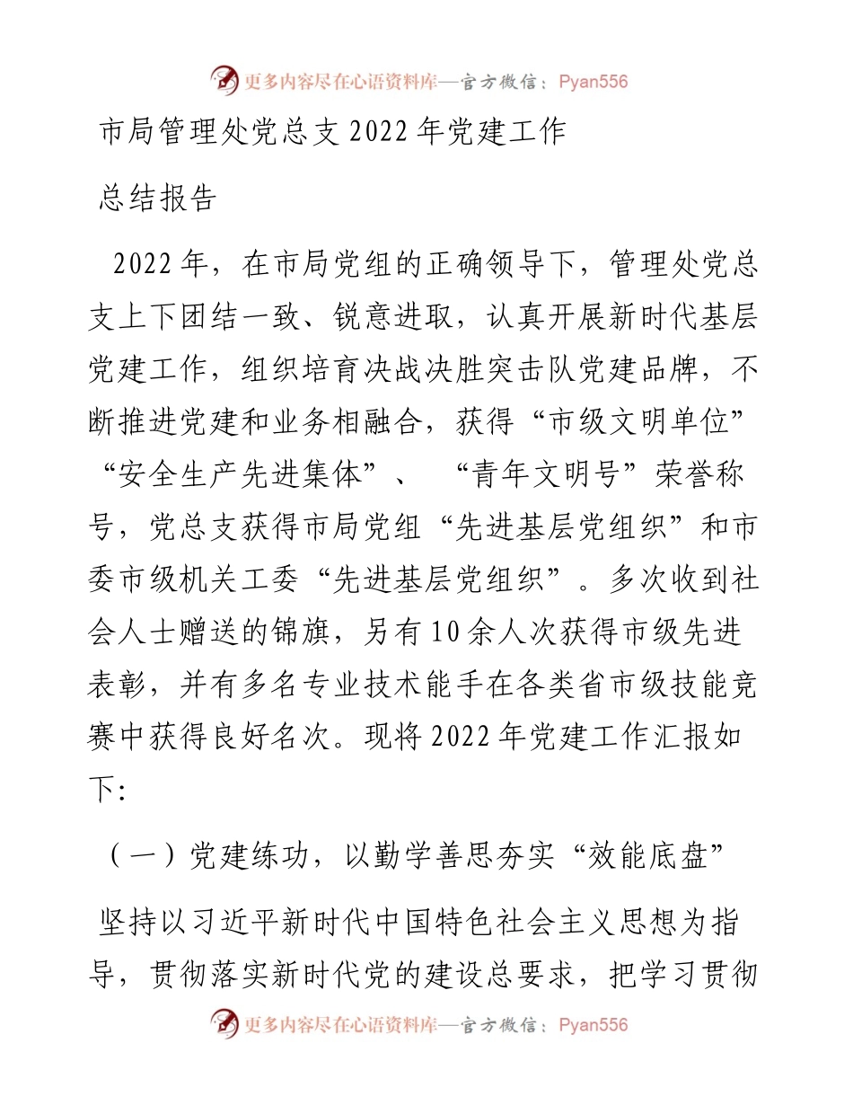 市局管理处党总支党建工作总结报告.docx_第1页
