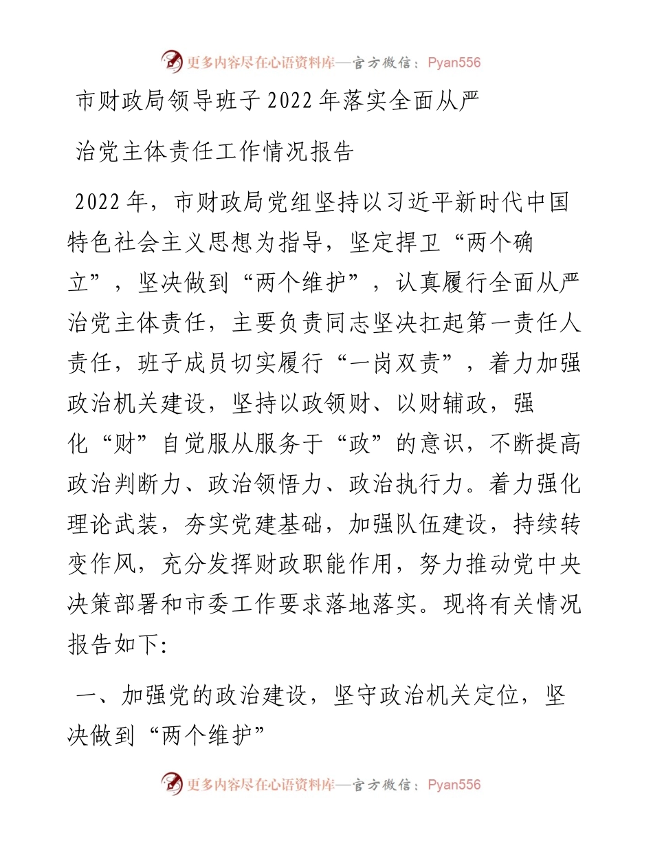 市财政局领导班子落实全面从严治党主体责任工作情况报告.docx_第1页