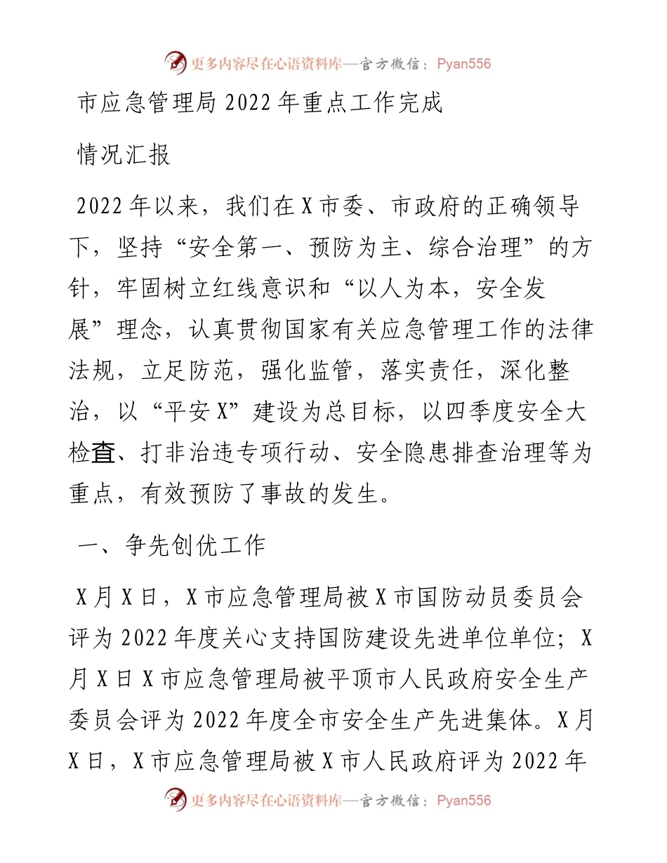 市应急管理局重点工作完成情况汇报.docx_第1页