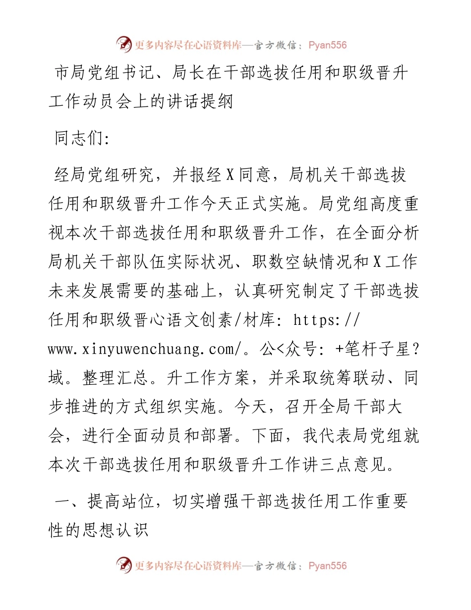 市局党组书记、局长在干部选拔任用和职级晋升工作动员会上的讲话提纲.docx_第1页