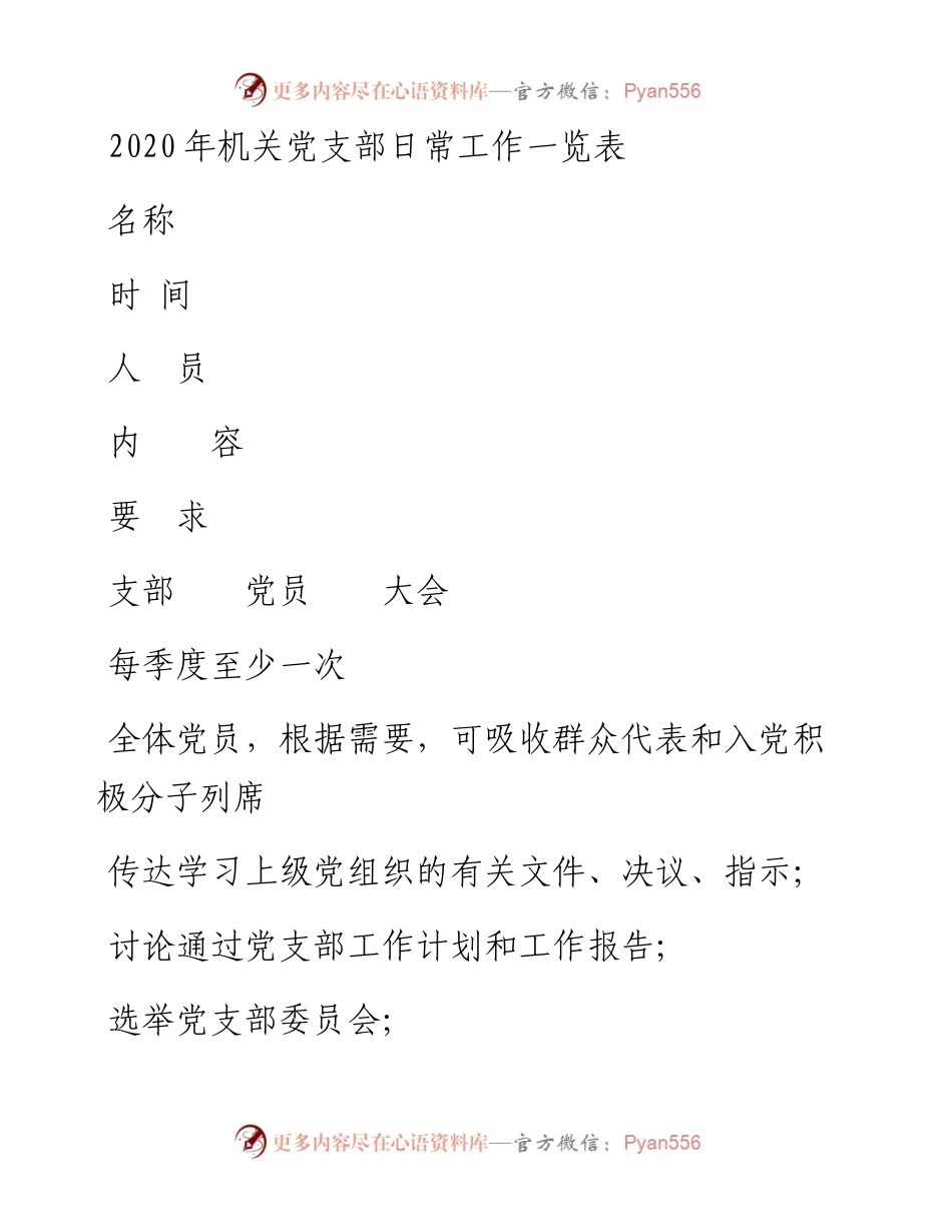 支部机关党支部日常工作一览表.docx_第1页