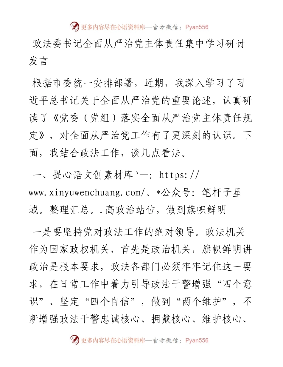 政法委书记全面从严治党主体责任集中学习研讨发言.docx_第1页