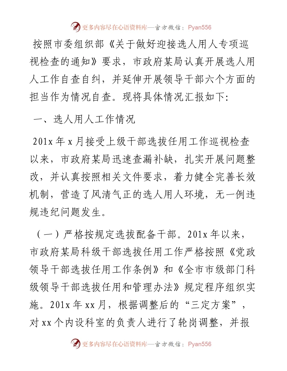 市政府X局关于选人用人巡视检查及领导干部担当作为情况的自查汇报.docx_第1页