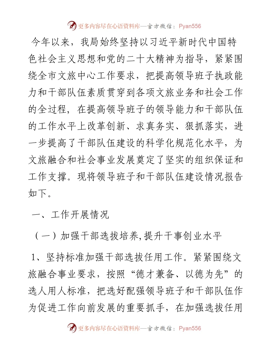市文化和旅游局领导班子建设和干部队伍建设情况汇报.docx_第1页