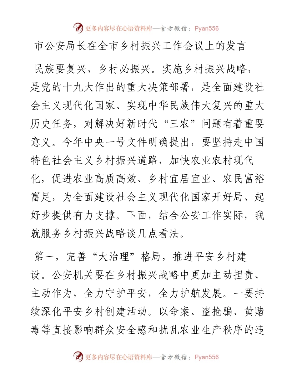 市公安局长在全市乡村振兴工作会议上的发言.docx_第1页