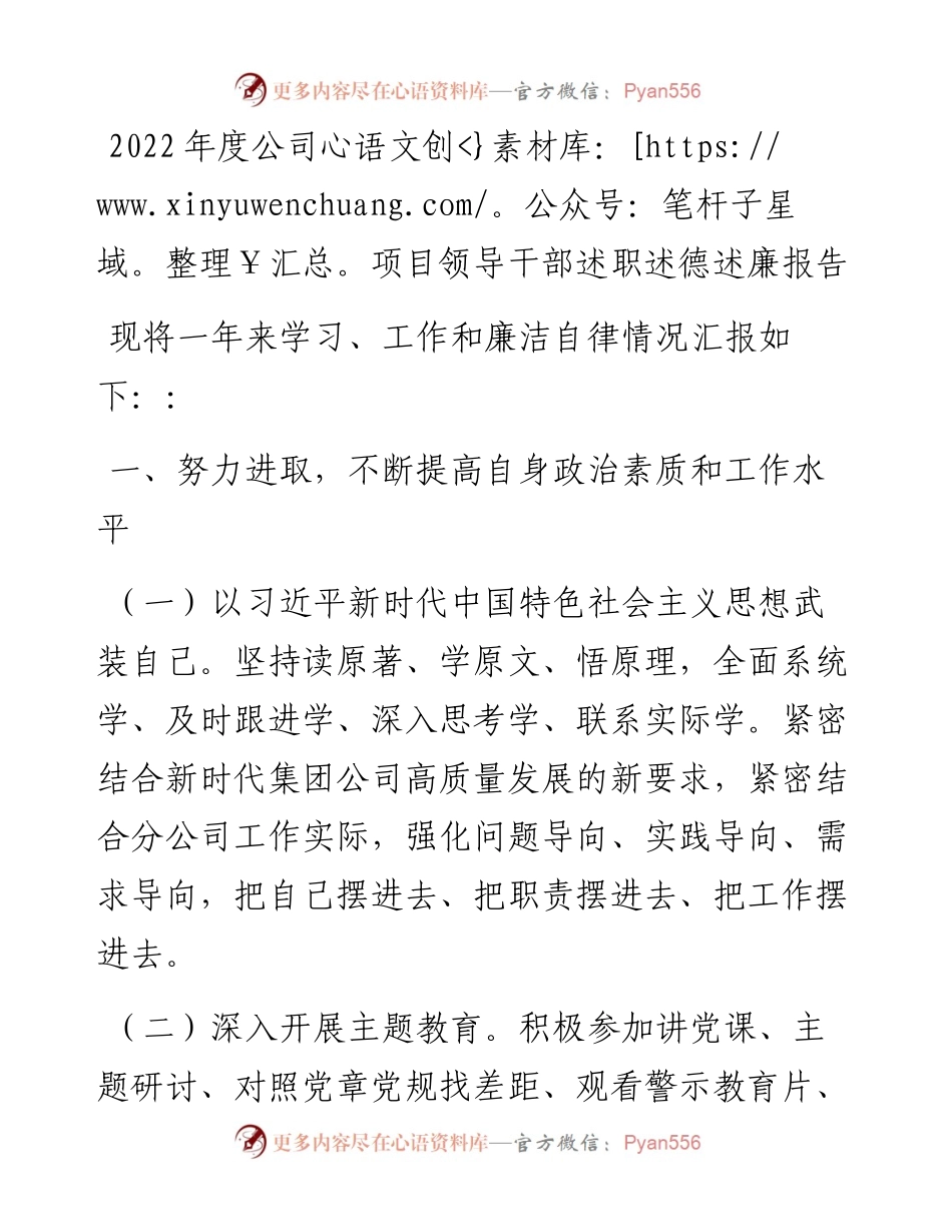 度公司项目领导干部述职述德述廉报告.docx_第1页