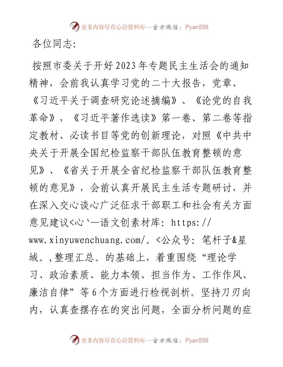 市纪委副书记、监委副主任2023年主题教育暨教育整顿专题民主生活会个人对照检查发言材料.docx_第1页