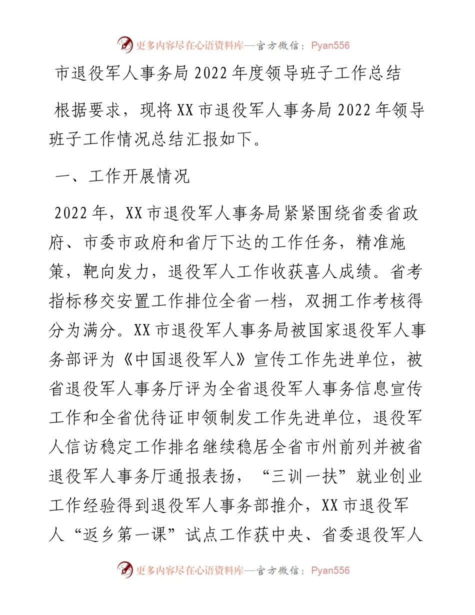 市退役军人事务局度领导班子工作总结.docx_第1页
