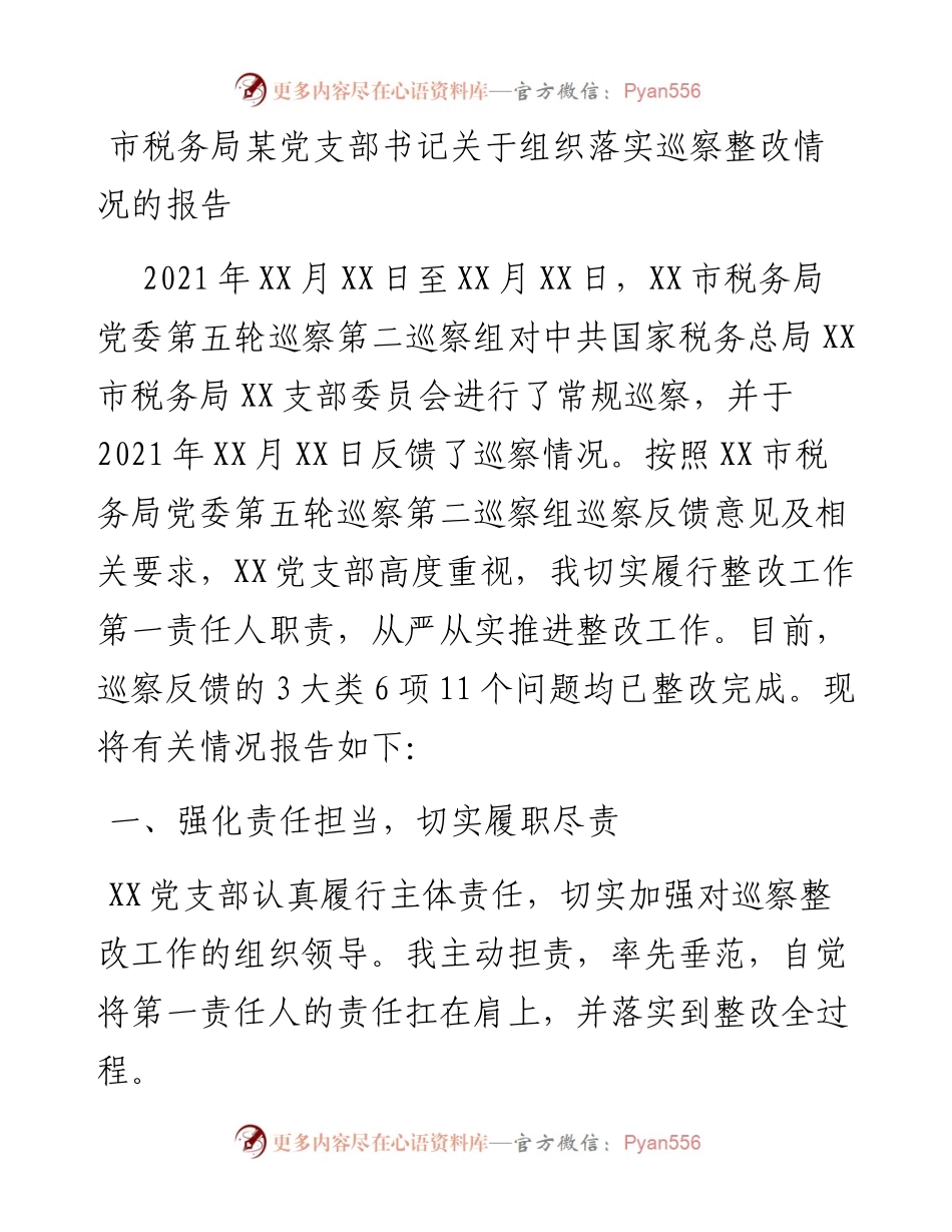 市税务局某党支部书记关于组织落实巡察整改情况的报告.docx_第1页