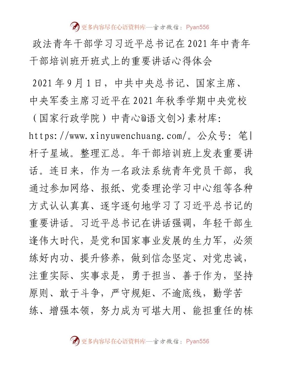 政法青年干部学习习近平总书记在中青年干部培训班开班式上的重要讲话心得体会.docx_第1页