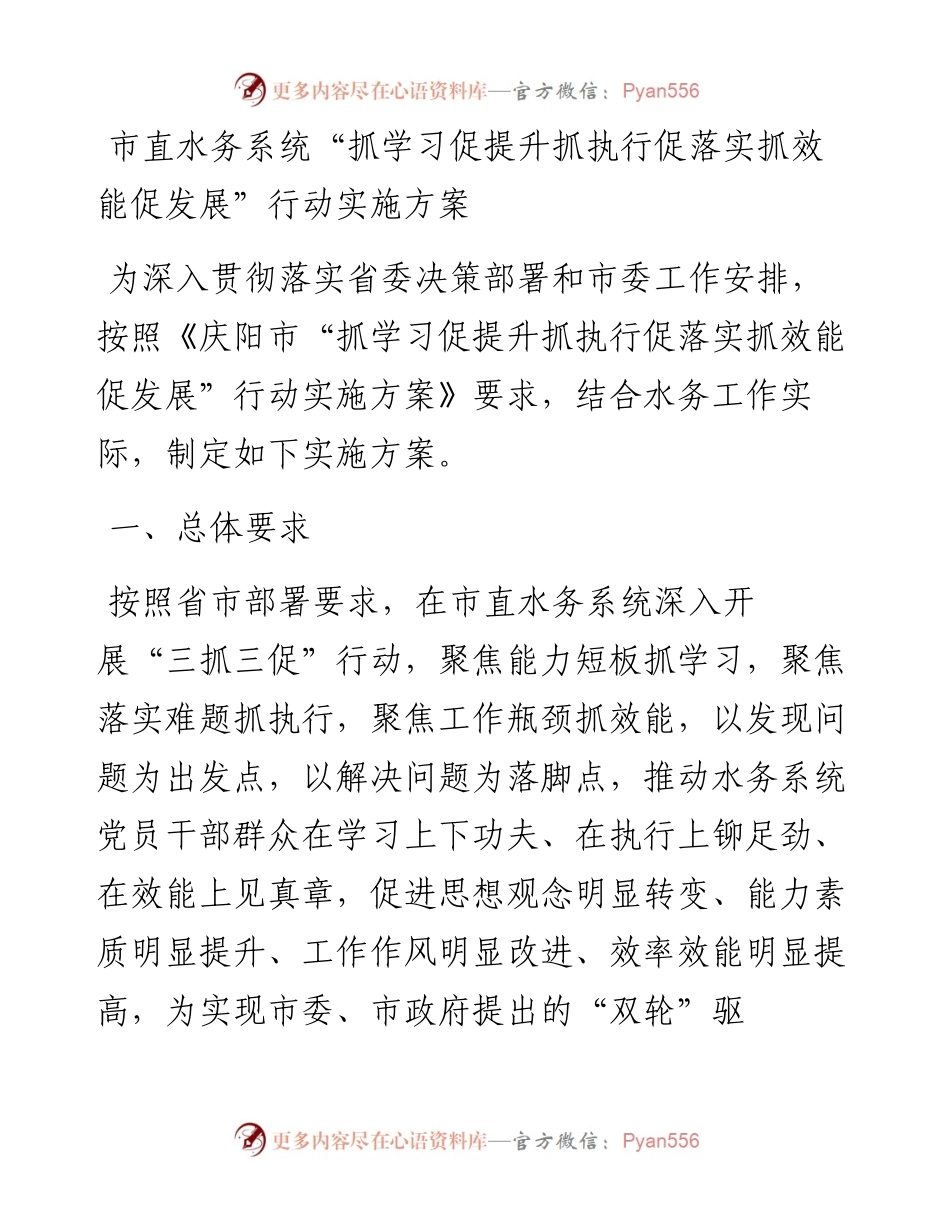 市直水务系统“抓学习促提升抓执行促落实抓效能促发展”行动实施方案.docx_第1页