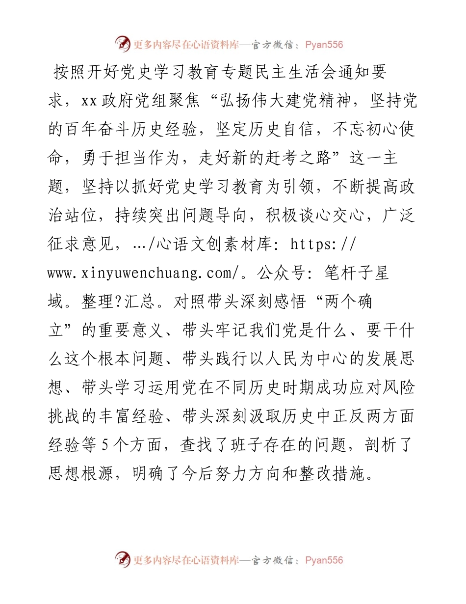 政府党组班子党史学习教育专题民主生活会“五个带头”对照检查材料.docx_第1页