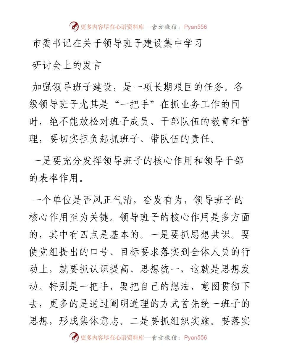 市委书记在关于领导班子建设集中学习研讨会上的发言.docx_第1页