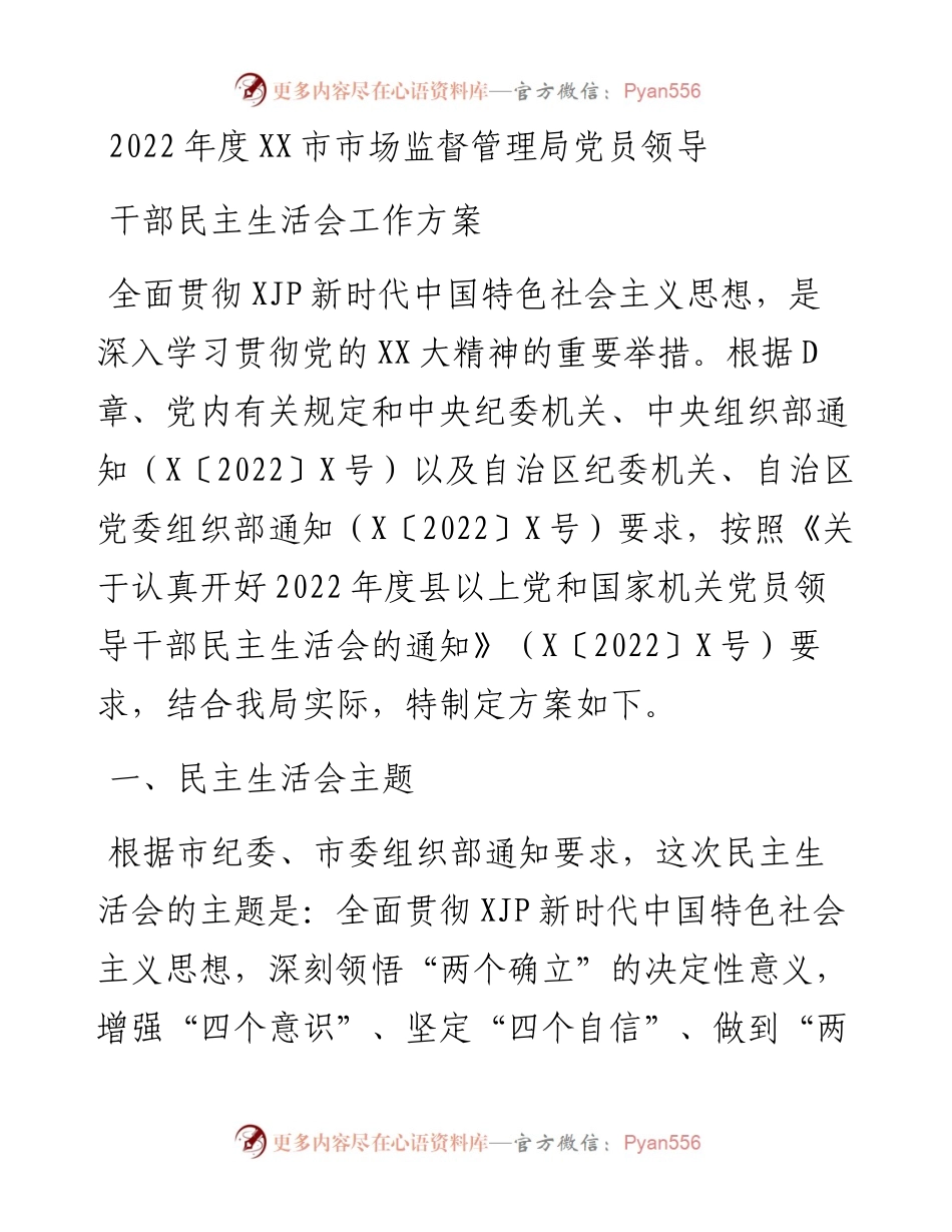 度市市场监督管理局党员领导干部民主生活会工作方案.docx_第1页