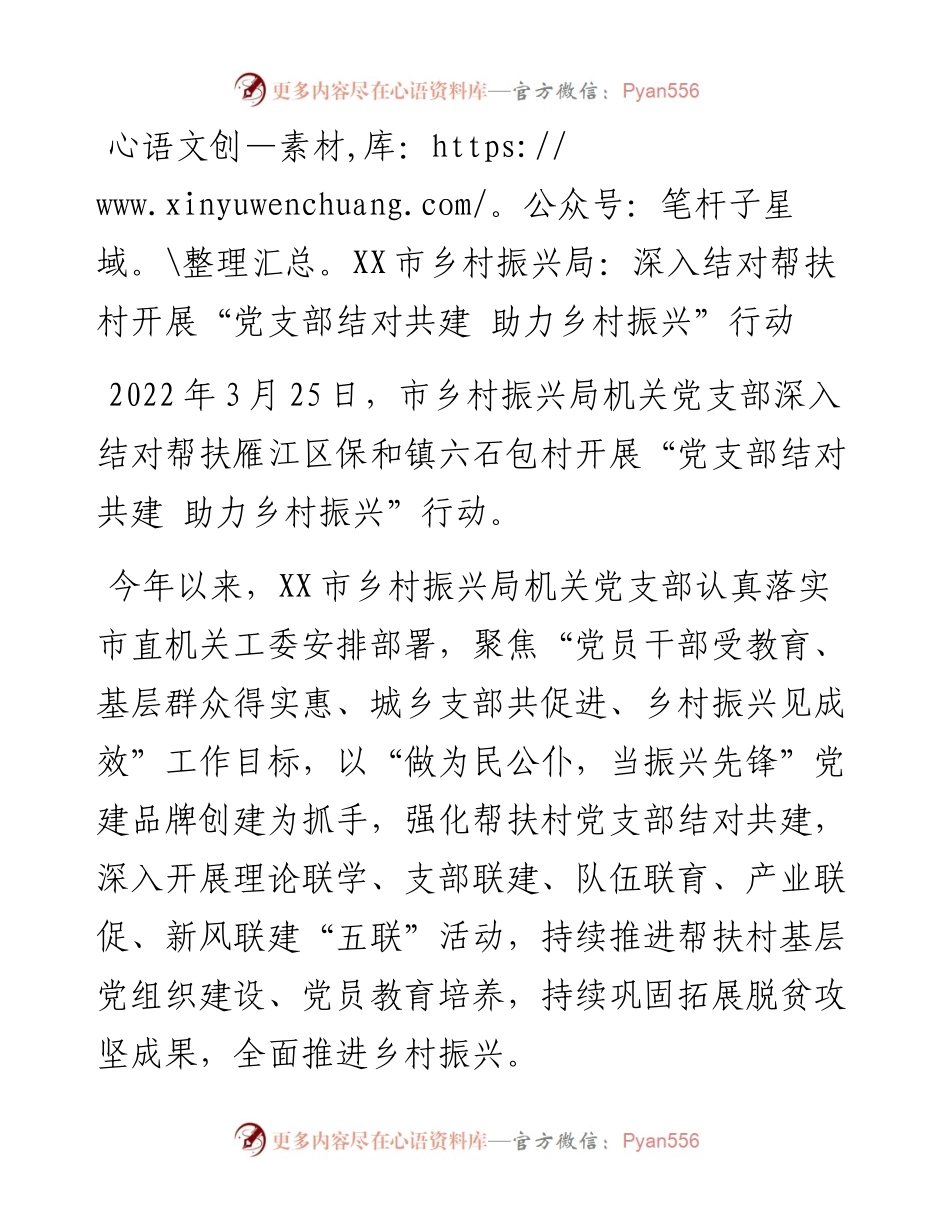 市乡村振兴局深入结对帮扶村开展党支部结对共建 助力乡村振兴行动.docx_第1页