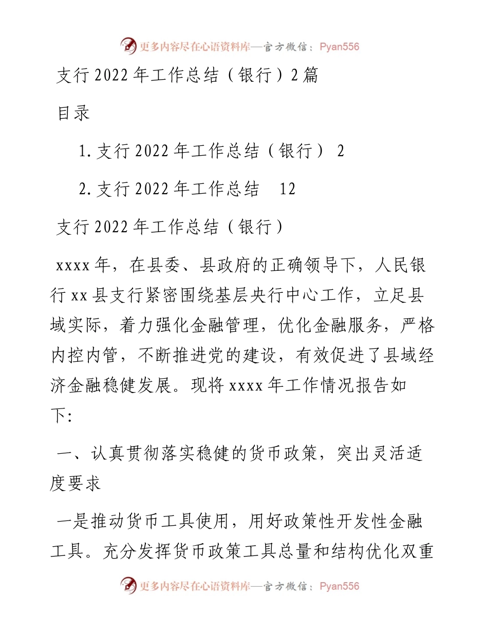 支行工作总结（银行）2篇.docx_第1页