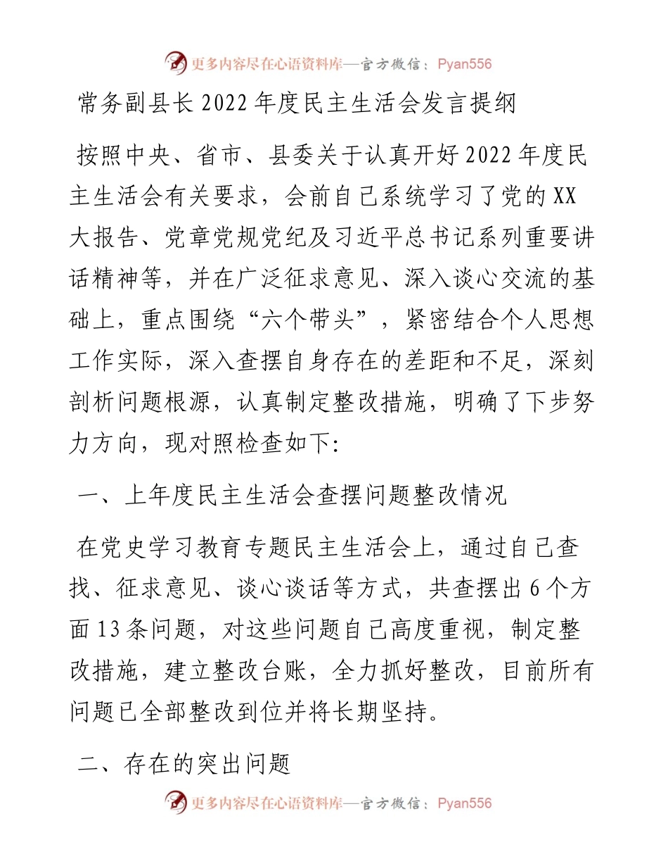 常务副县长度民主生活会发言提纲.docx_第1页