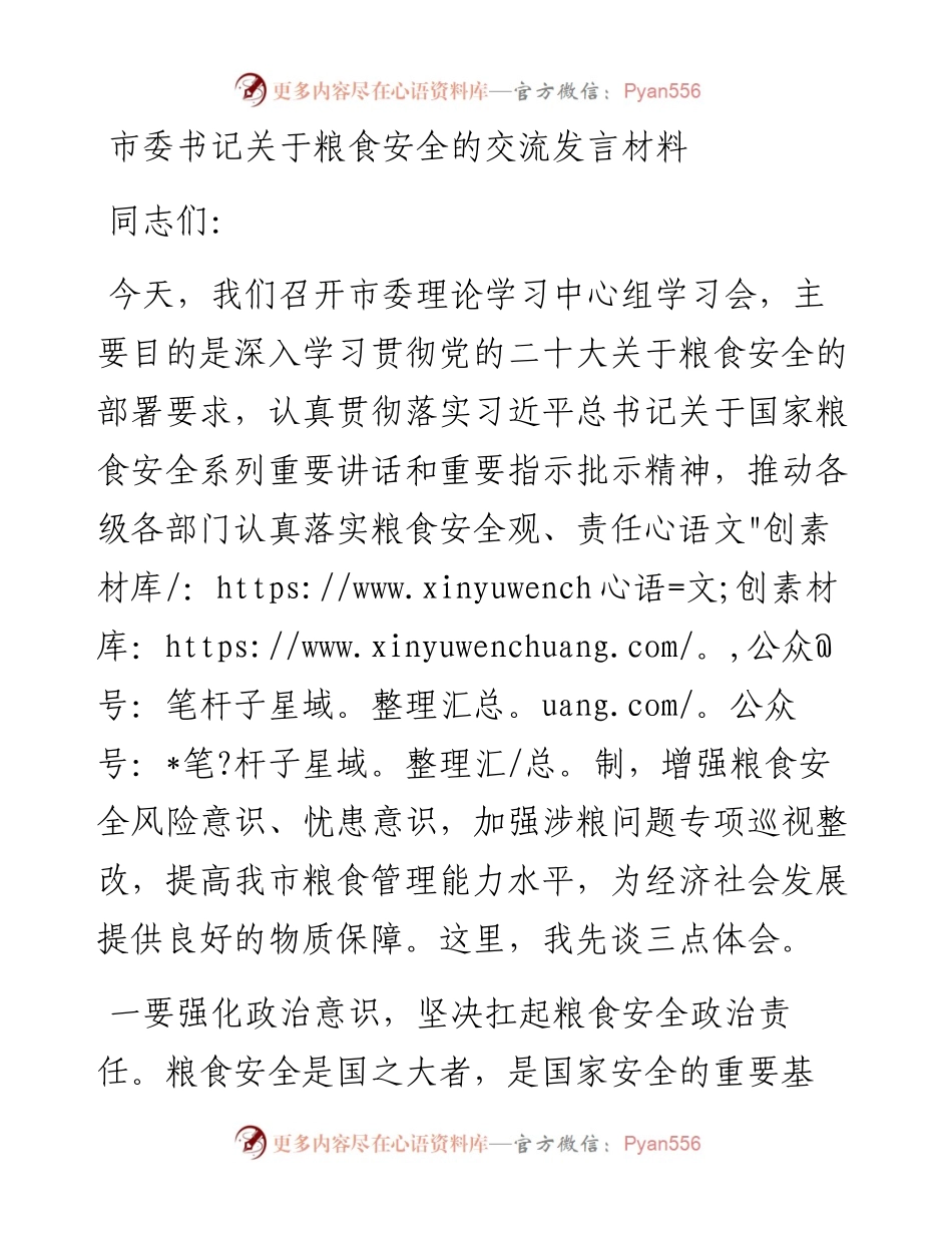 市委书记关于粮食安全的交流发言材料.docx_第1页