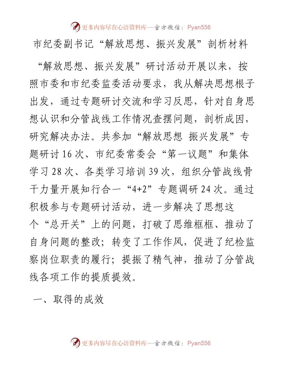 市纪委副书记“解放思想、振兴发展”剖析材料.docx_第1页