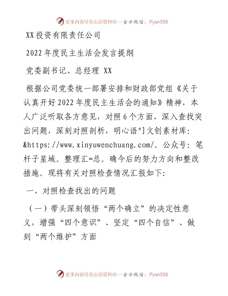 投资有限责任公司度民主生活会发言提纲.docx_第1页