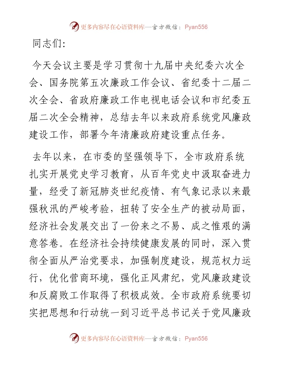 市政府廉政工作电视电话会议.docx_第1页
