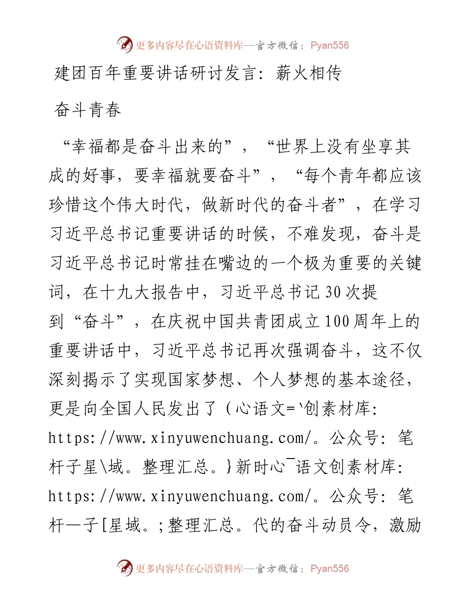 建团百年重要讲话研讨发言：薪火相传奋斗青春.docx_第1页