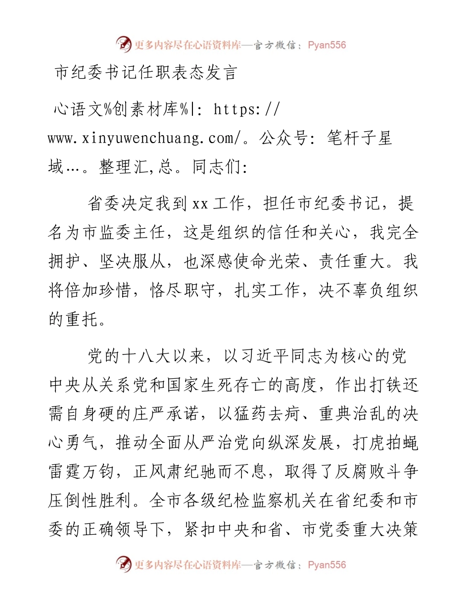 市纪委书记任职表态发言.docx_第1页