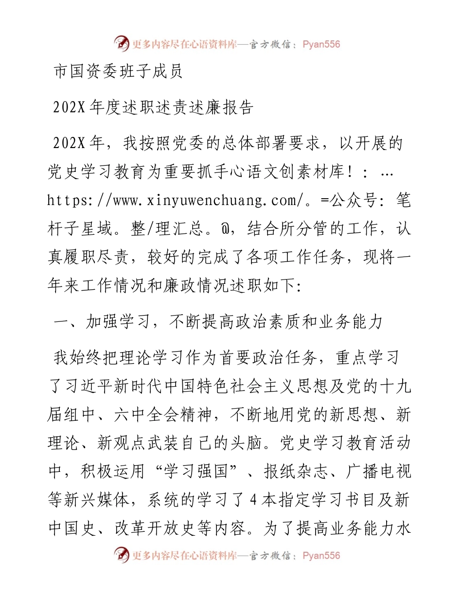 市国资委班子成员202X年度述职述责述廉报告.docx_第1页