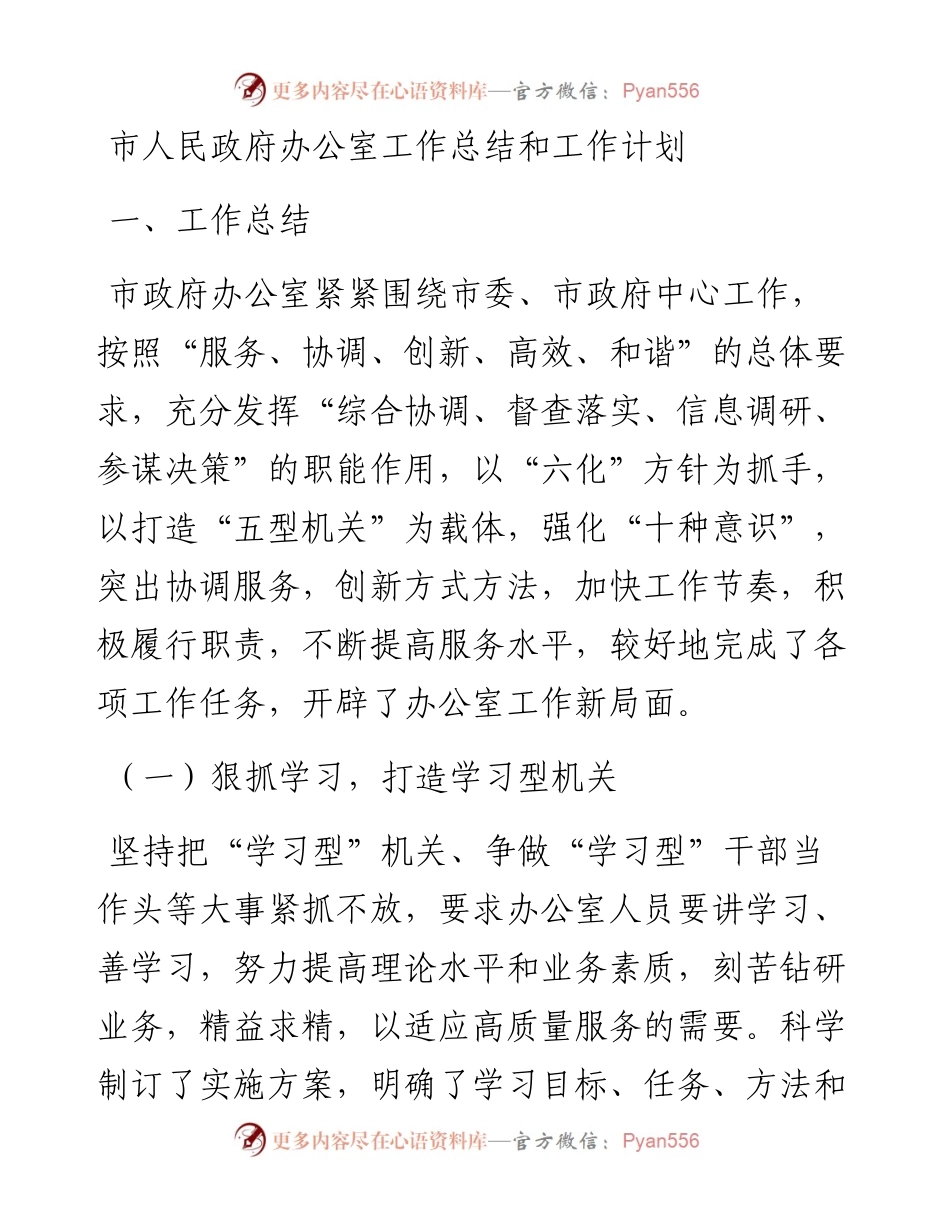 市人民政府办公室工作总结和工作计划.docx_第1页