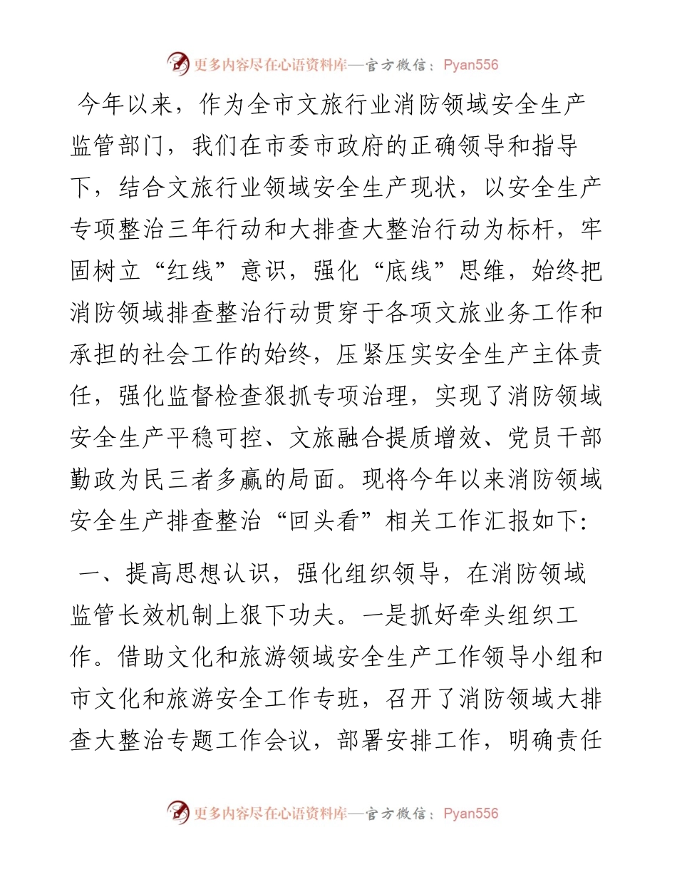 市文化和旅游局消防领域安全生产排查整治“回头看”情况汇报.docx_第1页