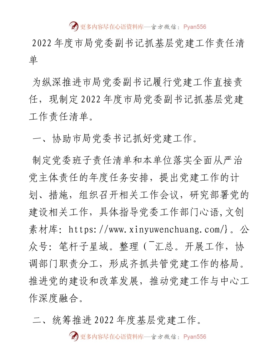 度市局党委副书记抓基层党建工作责任清单.docx_第1页