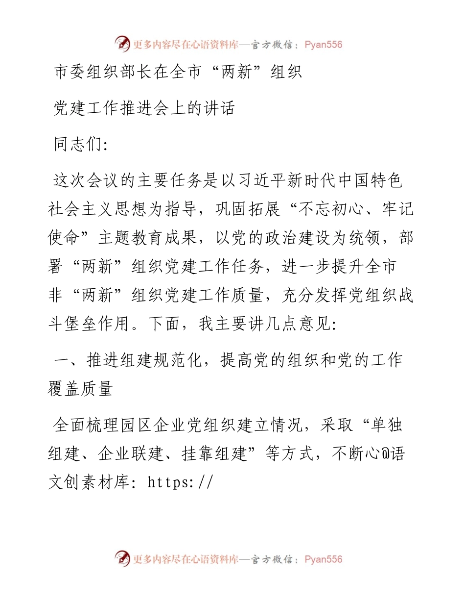 市委组织部长在全市两新组织党建工作推进会上的讲话(1).docx_第1页