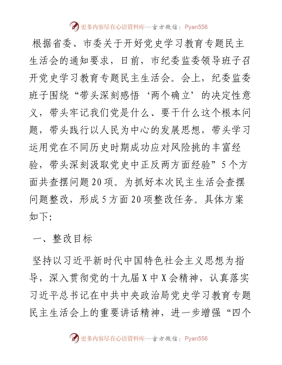 市纪委监委班子党史学习教育五个带头专题民主生活会整改方案.docx_第1页