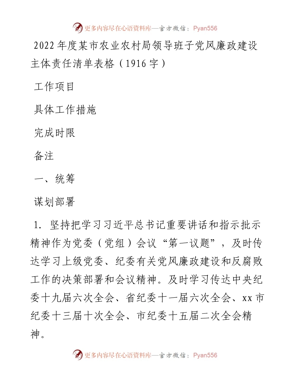 度某市农业农村局领导班子党风廉政建设主体责任清单表格.docx_第1页