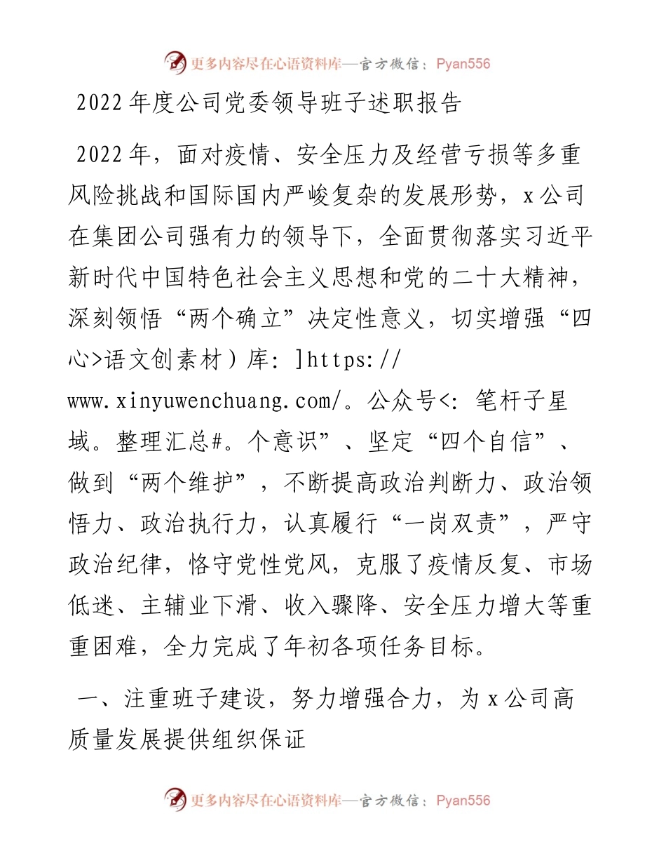 度公司党委领导班子述职报告.docx_第1页