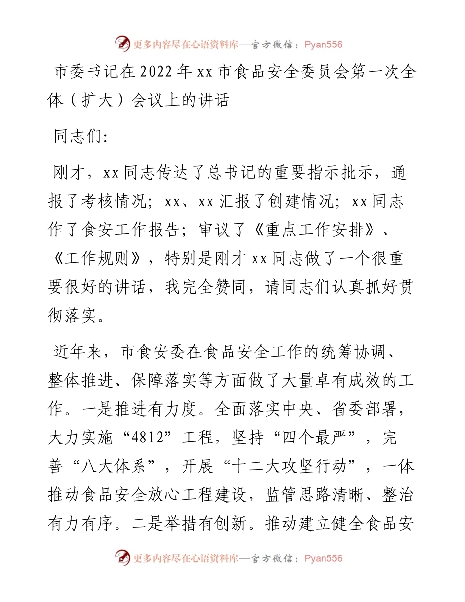 市委书记在xx市食品安全委员会第一次全体（扩大）会议上的讲话.docx_第1页