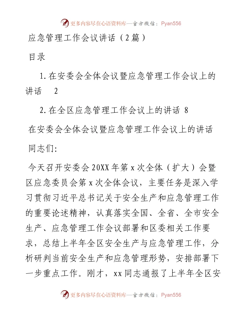 应急管理工作会议讲话（2篇）.docx_第1页