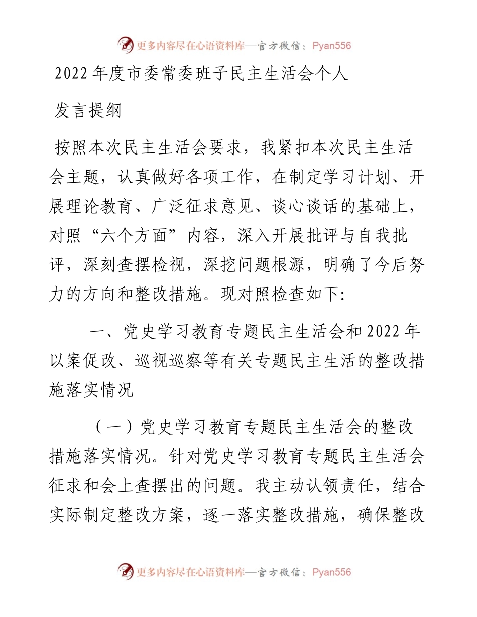 度市委常委班子民主生活会个人发言提纲.docx_第1页