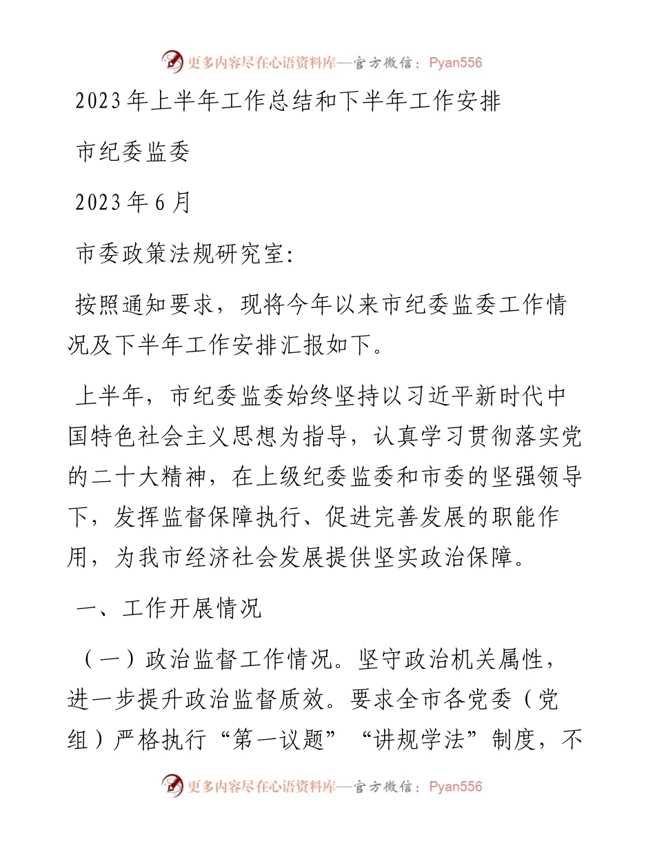 市纪委监委2023年上半年工作总结及下半年工作计划.docx_第1页