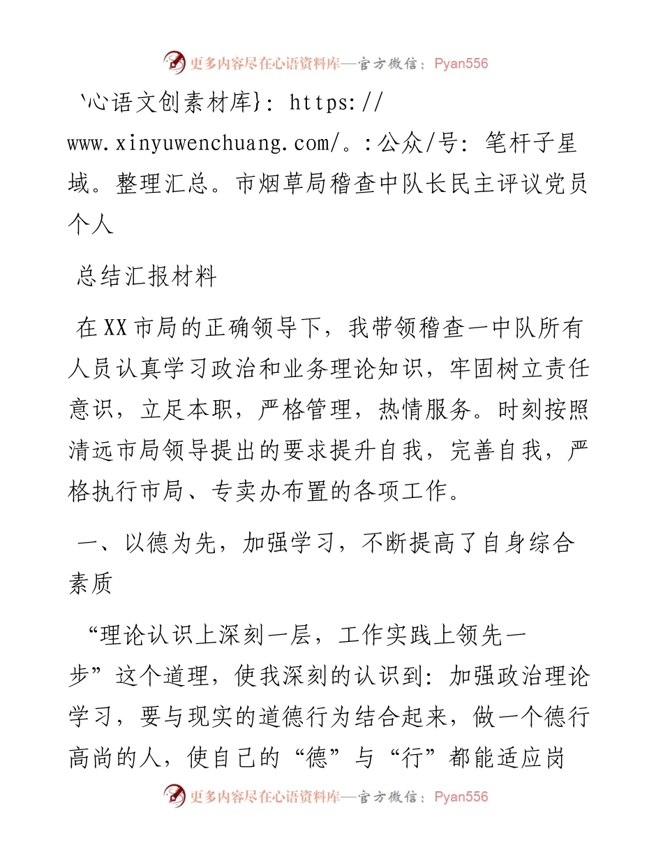 市烟草局稽查中队长民主评议党员个人总结汇报材料.docx_第1页