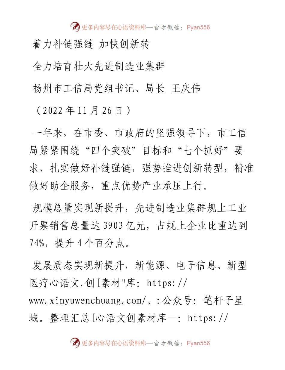 扬州市工信局局长王庆伟：在全市先进制造业发展推进会上的表态发言摘编（1126）.docx_第1页