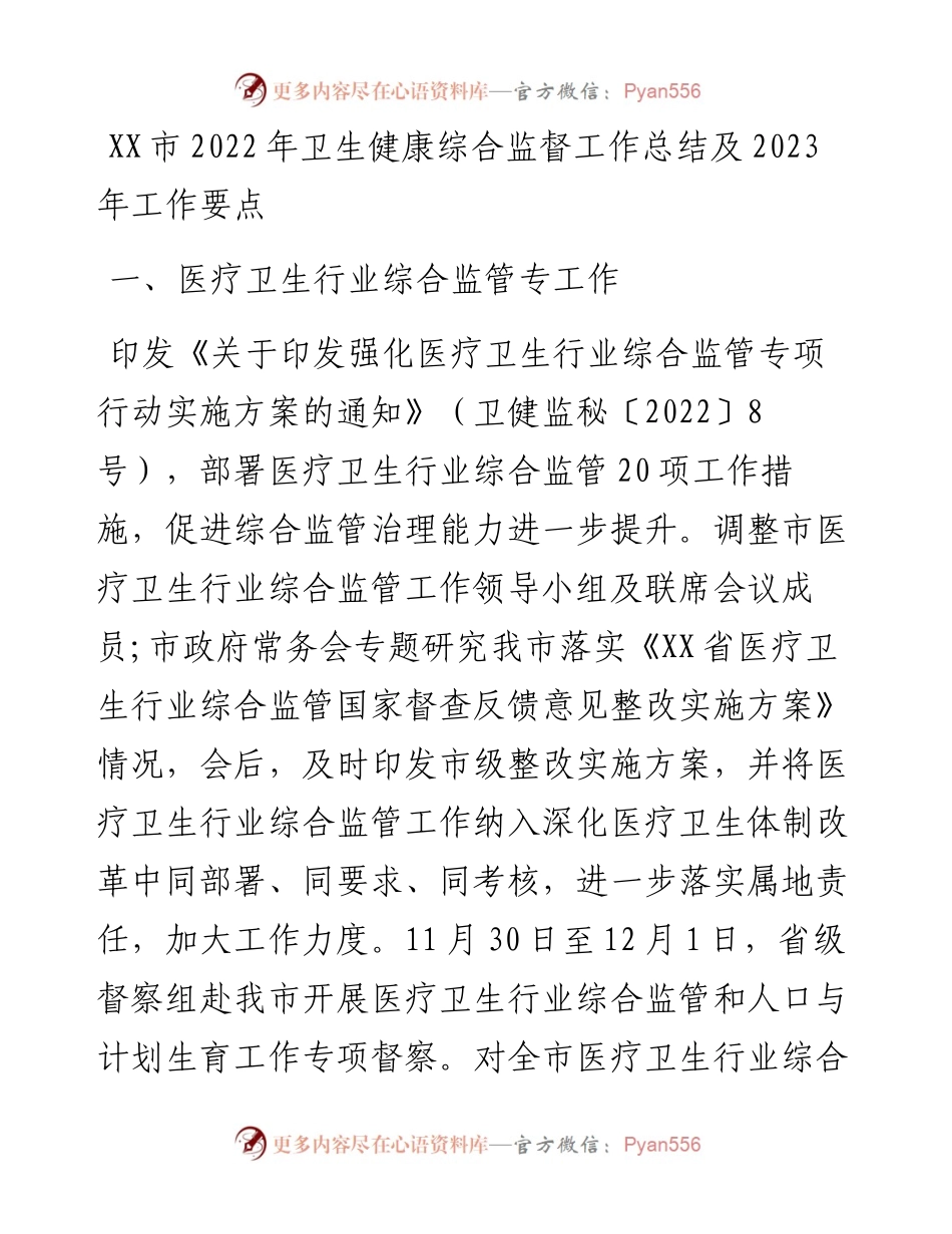 市卫生健康综合监督工作总结及2023年工作要点.docx_第1页